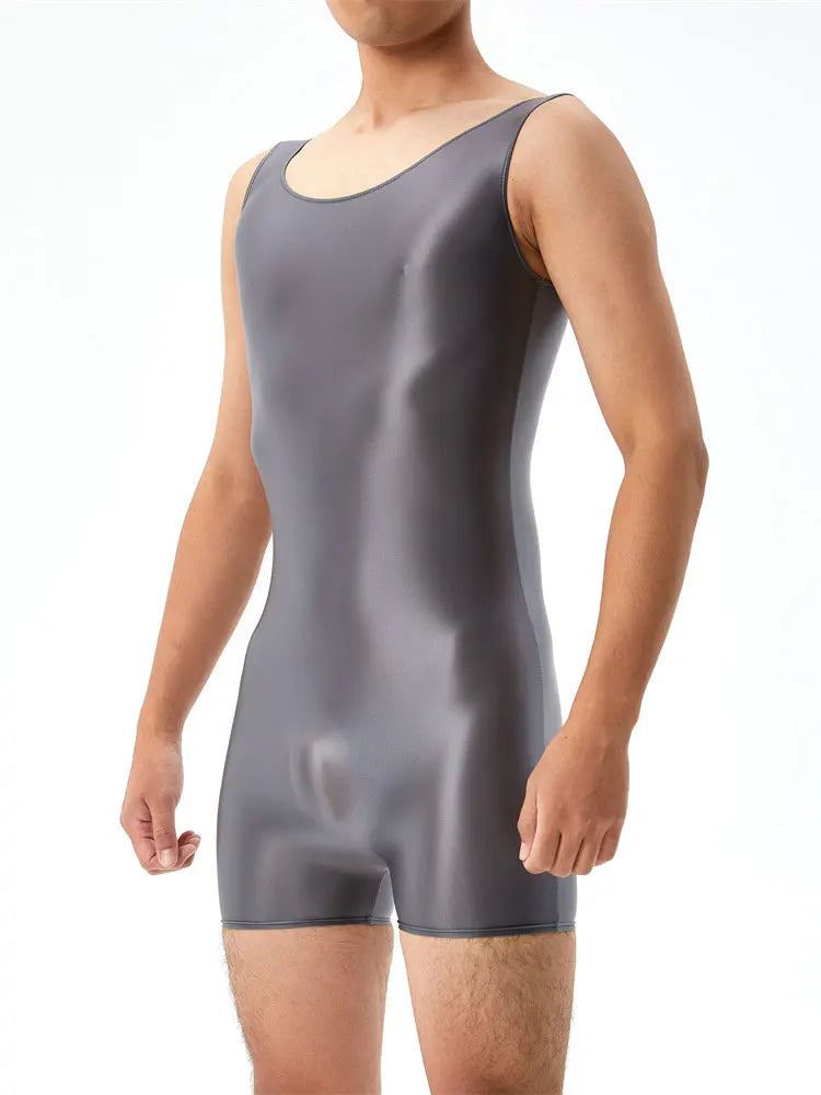 Oil Shiny Glossy Bodysuits Seamless Front Pouch Tights Body Man Sexy Transparent Waist Shapers Men Playsuit Sleeveless Bodysuit