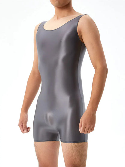 Oil Shiny Glossy Bodysuits Seamless Front Pouch Tights Body Man Sexy Transparent Waist Shapers Men Playsuit Sleeveless Bodysuit