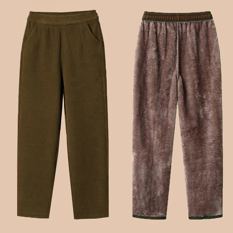 Thickened Fleece Lined Corduroy Winter Pants for Mom High Waist Loose Fit Straight Leg Warm Casual Trousers for Women over 40