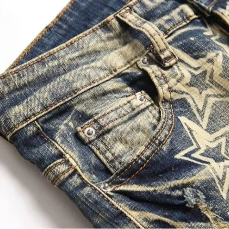 High street trendy brand new men's retro distressed distressed jeans patch slim fit leggings