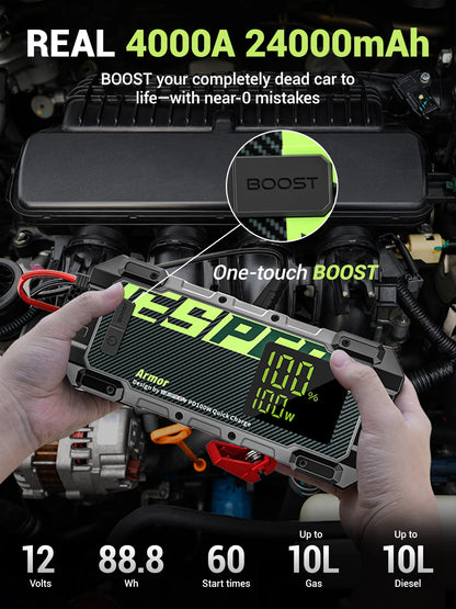 YESPER 4000A Heavy Duty Jump Starter for Diesel Truck SUV – 24000mAh PD 100W Power Bank, Starts 10L Gas Diesel, 3 Mode Light