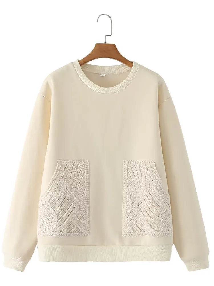 2022 Women Round collar Front Spliced Knitted Pockets Pullover Hoodies Sweats Winter Keep Warm With Fleece Sweatshirt Beige