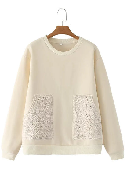 2022 Women Round collar Front Spliced Knitted Pockets Pullover Hoodies Sweats Winter Keep Warm With Fleece Sweatshirt Beige