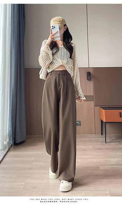 Seoulish Autumn Elegant Women's Wide Leg Pants 2024 New Korean Solid Button Casual Loose Office Full Length Trousers Female