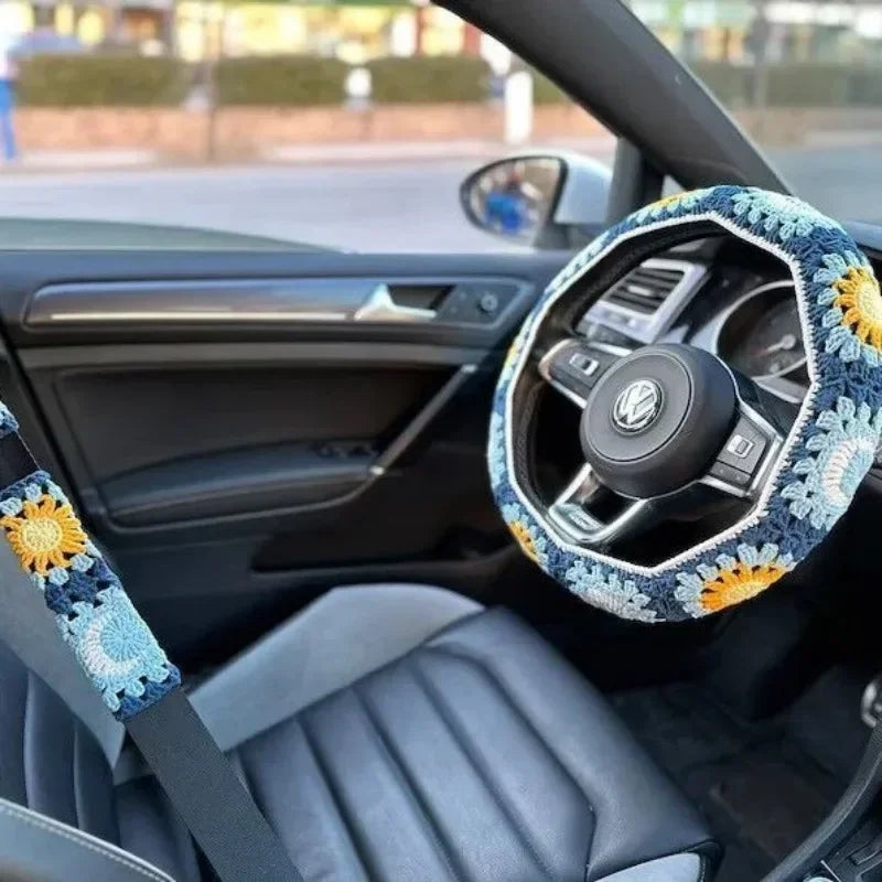 Warm Anti-Slip Hand Crocheted Flower Car Steering Wheel Cover Simple Stylish Winter Car Decor Safe Driving Seat Belt Accessory