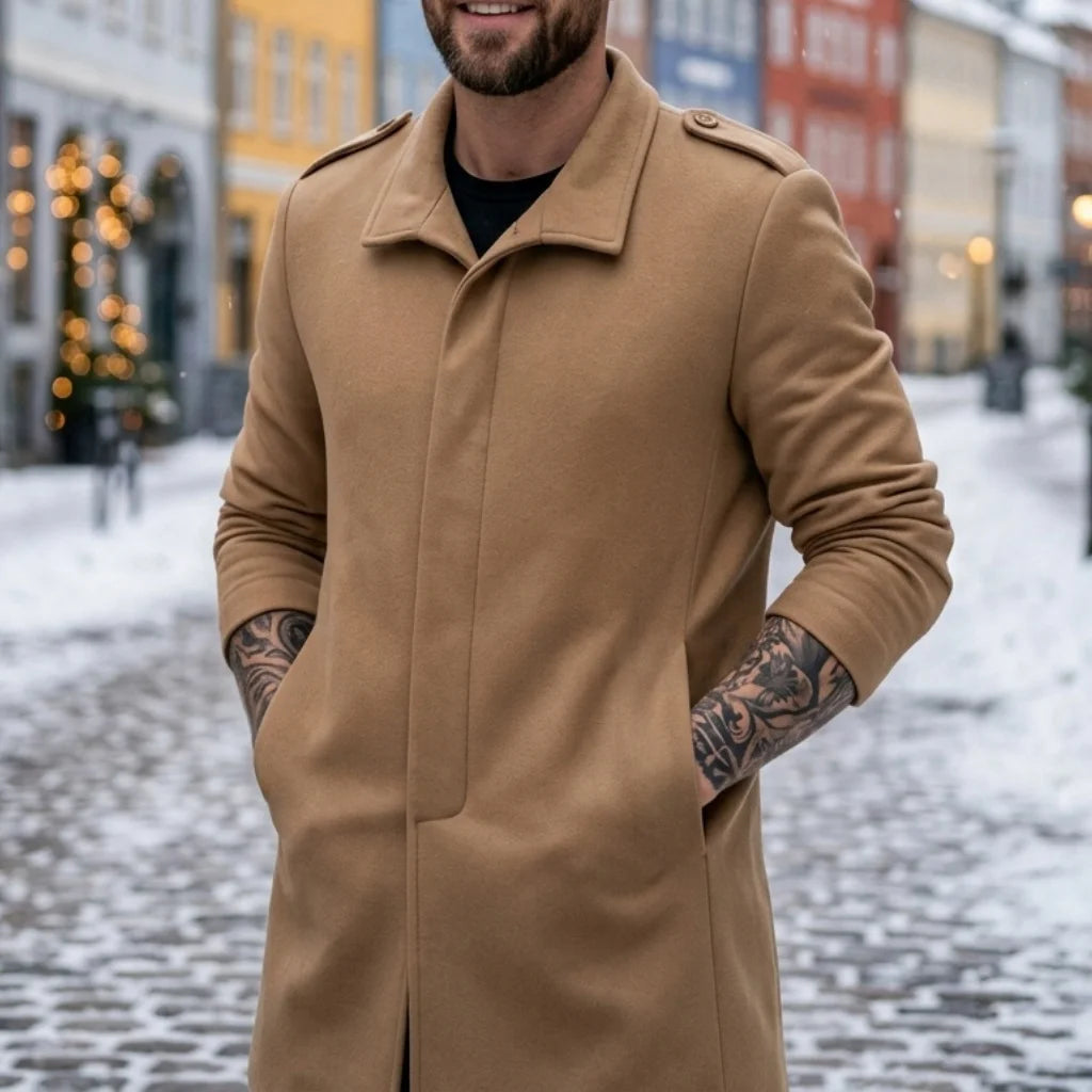New Winter Men's Invisible Button Trench Coat Single-Breasted Mid-Length Windproof Business Casual Street Wool Blends for Man