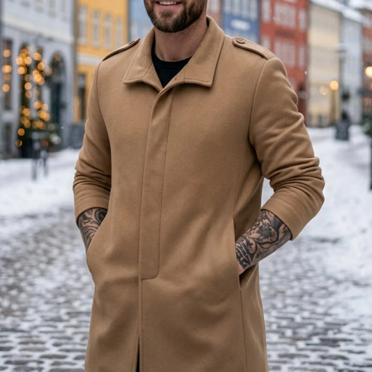 New Winter Men's Invisible Button Trench Coat Single-Breasted Mid-Length Windproof Business Casual Street Wool Blends for Man