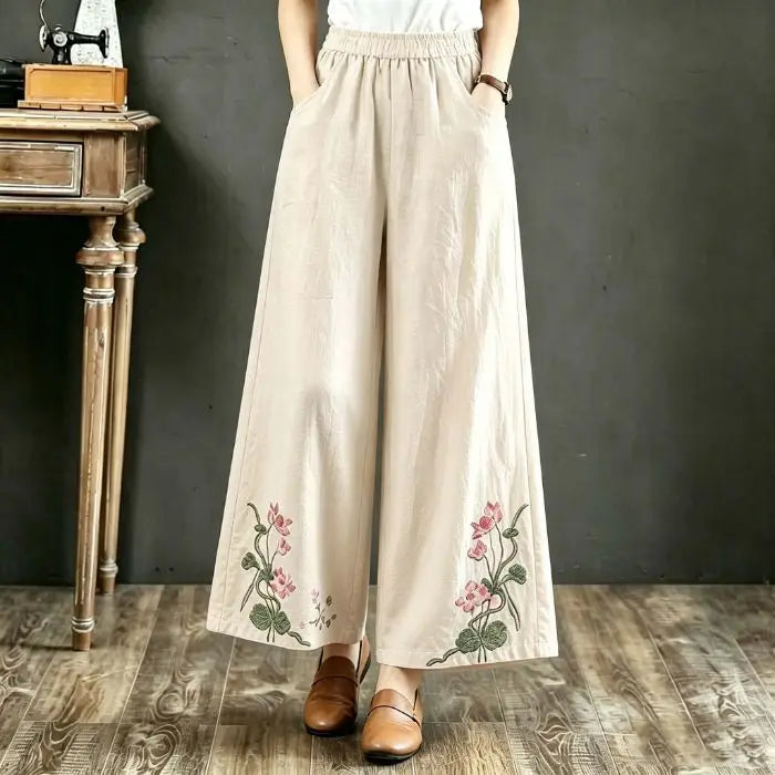 High-End Retro Embroidered Cotton Linen Wide Leg Pants Women Summer Lightweight Breathable High Waist Slimming Casual Travel