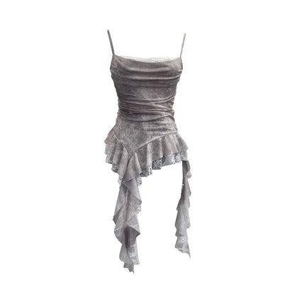 ISAROSE Summer Y2K Camisole for Women Casual Spaghetti Straps Double Layers Lace Stretch Mesh Patchwork Asymmetrical Slim Tops