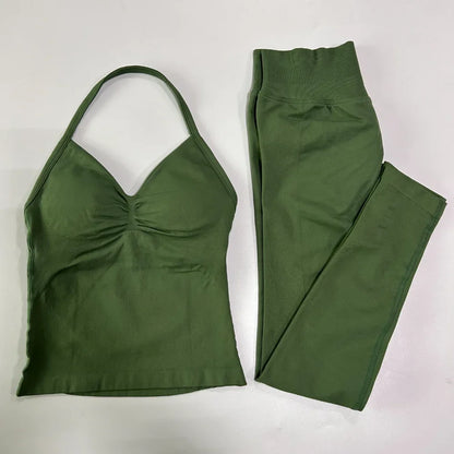 2 Pieces Sports Set Women Backless Tank Yoga Tops High Waist Scrunch Seamless Shorts Sport Gym Set Sportswear Workout Set