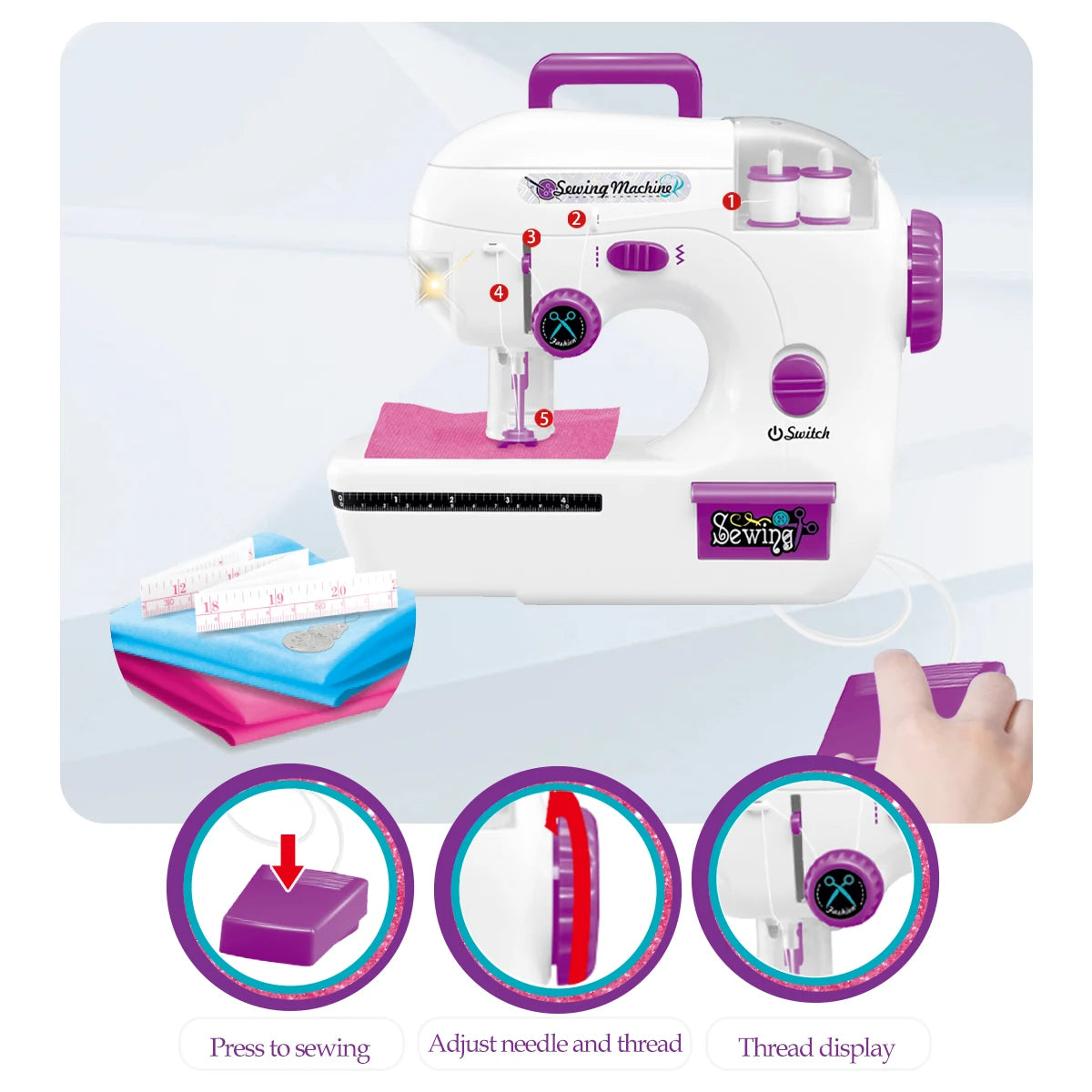 Sewing Machine Toys, Portable Battery Powered Sewing Machine with Measuring Tape and Fabric, Gifts for Kids not Include Battery