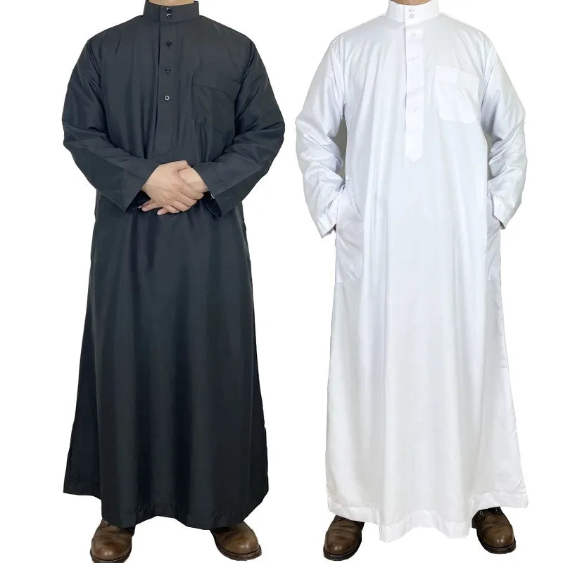 Qatar Stand Collar Mens Thobe Robe Polyester Pocket Design Arab Middle East Dubai Travel Clothing Lightweight Cultural Look