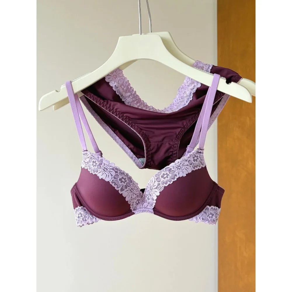 Sexy Purple Lace Lingerie Set for Women Push Up Bra No Underwire Small Bust Fit gathering Cups Lift Petite Cute Panties YUQI