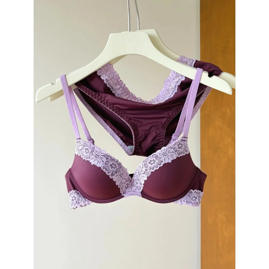 Sexy Purple Lace Lingerie Set for Women Push Up Bra No Underwire Small Bust Fit gathering Cups Lift Petite Cute Panties YUQI