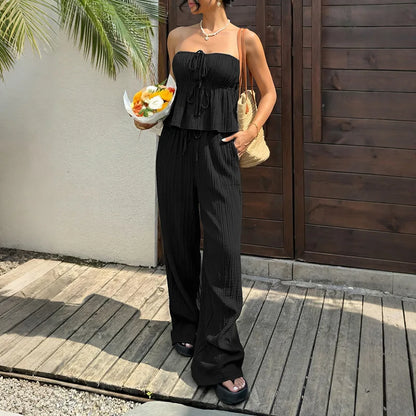 Women's 2 Piece Outfits Summer Strapless Top and Wide Leg Pants Set Textured Pleated Lounge Set Vacation Beach Wear 2026