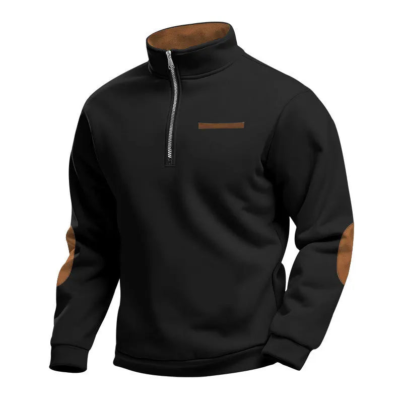 Men's Casual Sweatshirt American Style Autumn Winter Fleece Half-Zip Stand Collar Patchwork Color Block Henry Sweatshirt for Men