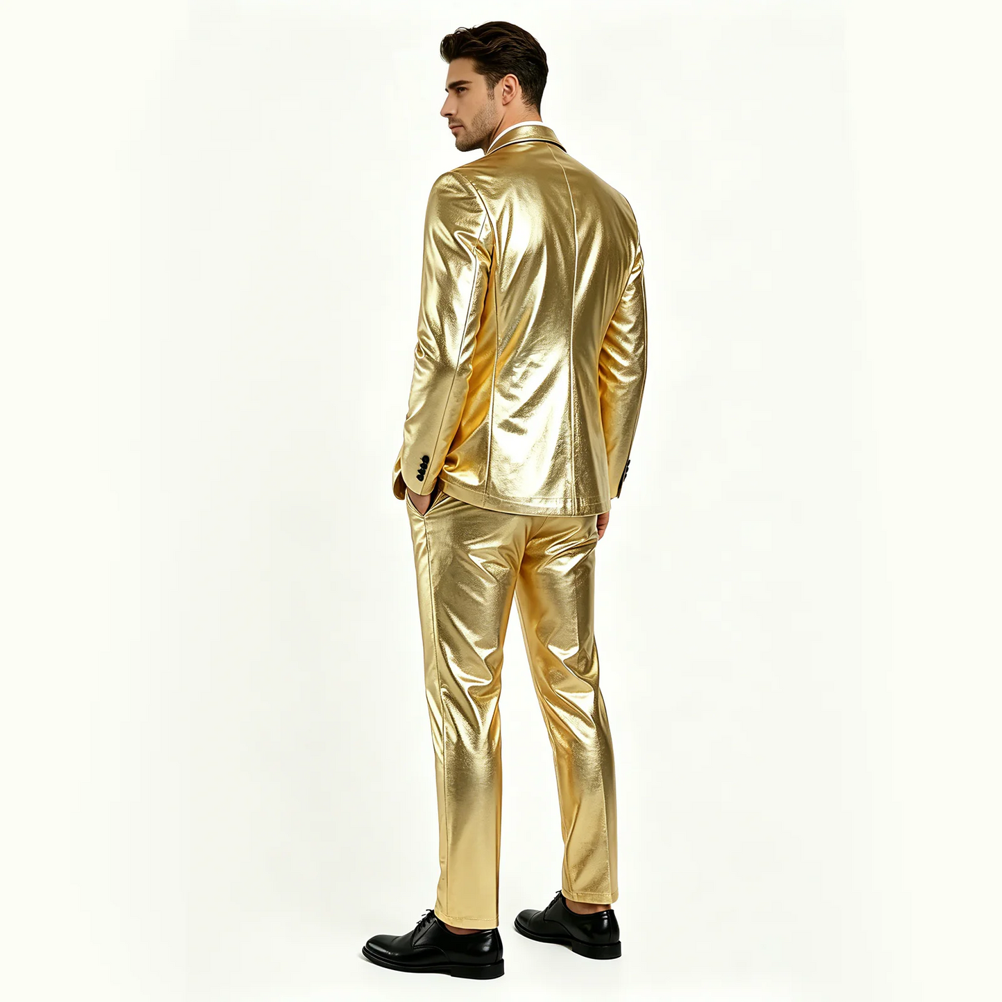 Men's Shiny Gold 2 Piece Suit, Metallic Blazer & Pants Set, Slim Fit Disco Party Stage Costume for DJ Club Prom Wedding