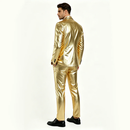 Men's Shiny Gold 2 Piece Suit, Metallic Blazer & Pants Set, Slim Fit Disco Party Stage Costume for DJ Club Prom Wedding