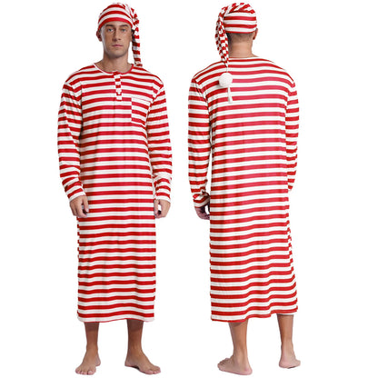 Mens Striped Long Sleeve Nightshirts Sleepwear Round Neck Loose Pajamas Robe Sleepshirt with Night Cap Christmas Loungewear