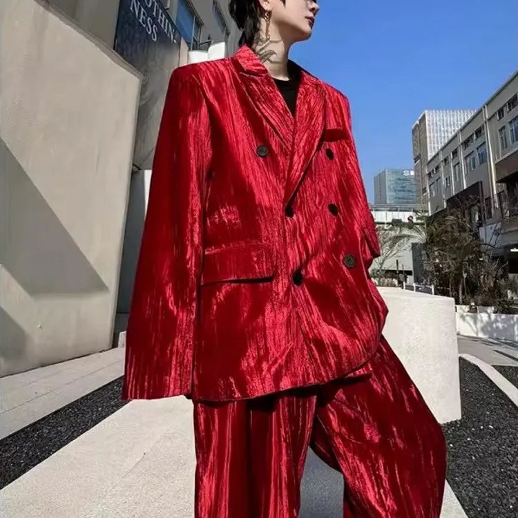 Mens Loose Fit Velvet Suit Set Red Double Breasted Blazer Jacket Pants Two Piece Set Spring New Banquet Party Suits Matching Set