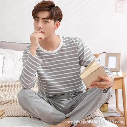 Men‘s Pajama Set Long Sleeve Black Striped Fall and Winter Youth Student Nightwear Loungewear Two Piece Set Sleepwear Homewear
