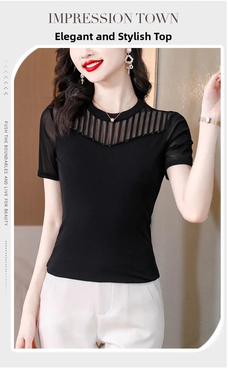 Lace Short Sleeve Slim Fit T-Shirt Women's Summer New Netting Thin Style round Neck Regular Length Pure Color Commute Style