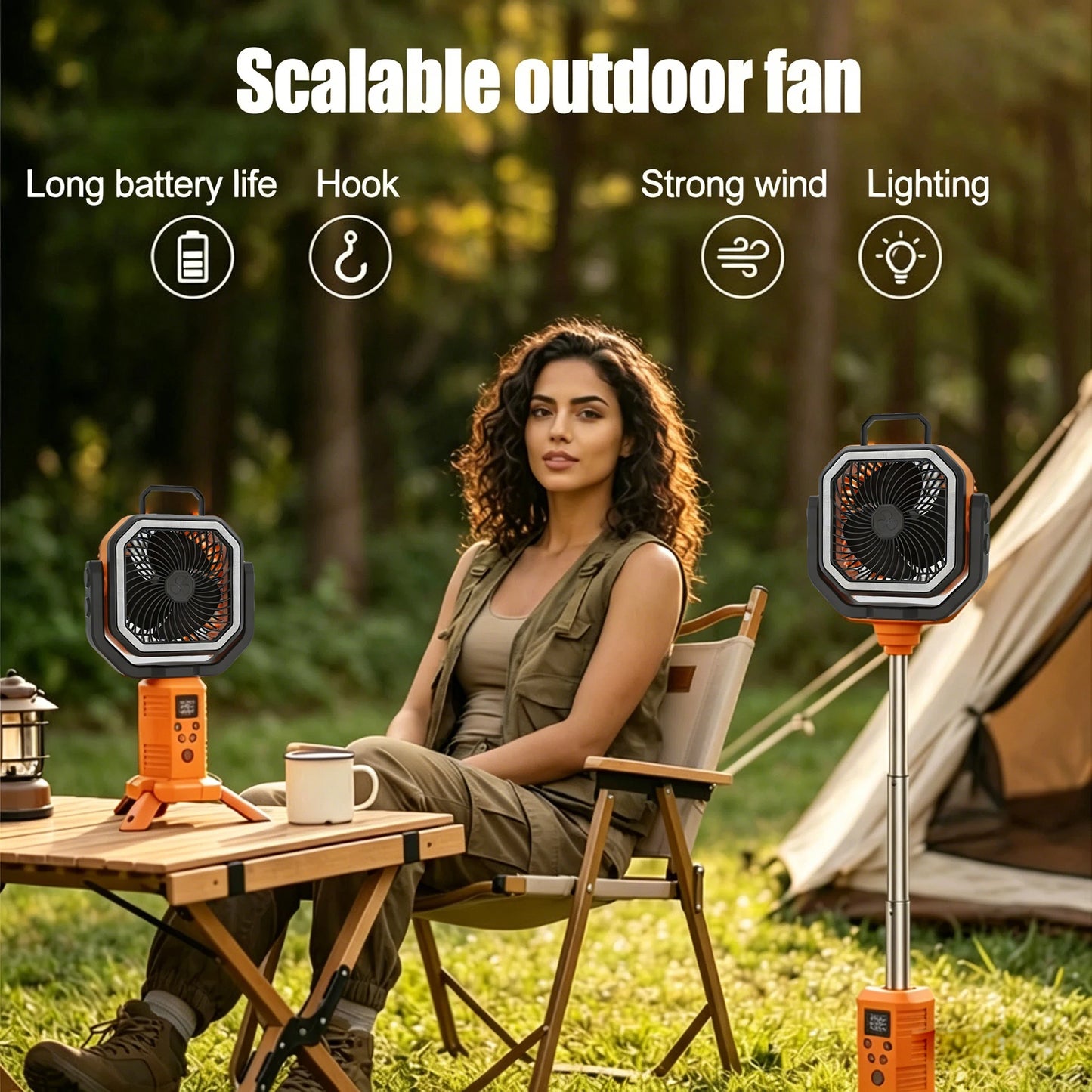 30000mAh Remote Control Camping Fan with Hook and 3 Brightness LED Lights – USB Charging Desk Fan for Outdoor Portable Fan