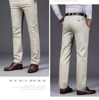 Spring Summer Casual Pants Khaki Black Straight Regular Fit High Waist Mens Pants Stretch Trousers for Male Size 40 42