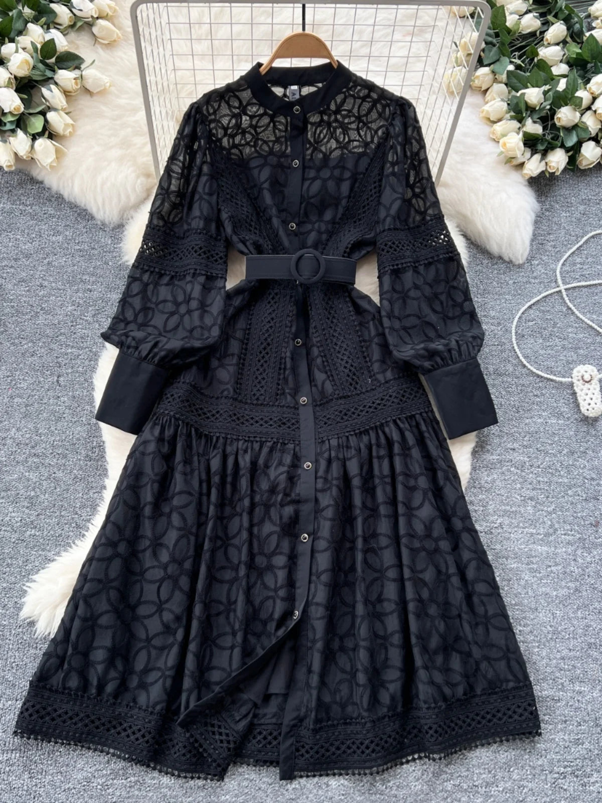 Court Sle Heavy Embroidery Lantern Sve Long Dr Women's Retro Winter Faion High Waist A-Line Dr Korean Version