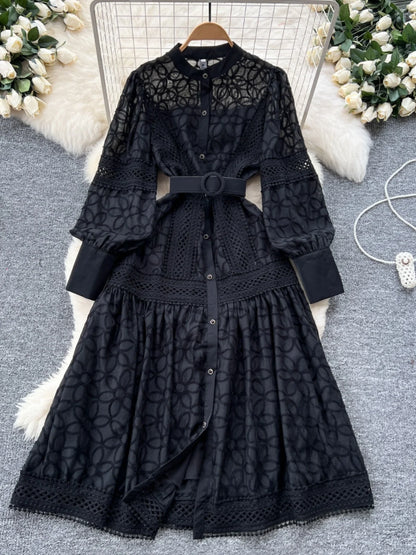 Court Sle Heavy Embroidery Lantern Sve Long Dr Women's Retro Winter Faion High Waist A-Line Dr Korean Version