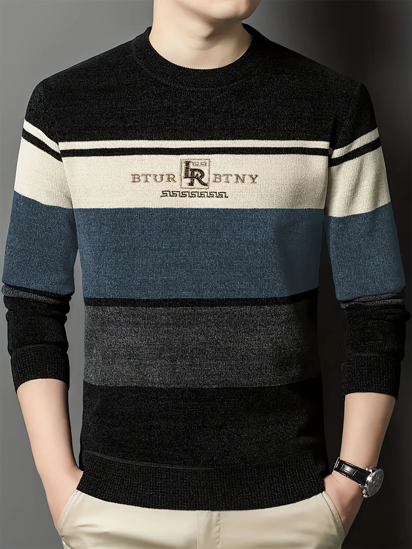 LVLAEA Autumn Winter Trendy Knitted Pullover, Men's Striped Letter Embroidery Long Sleeve Round Neck, Old Money Style Casual Top