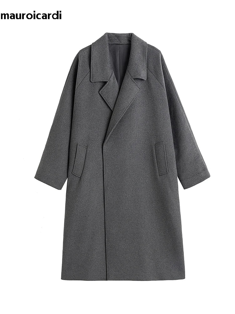 Mauroicardi Autumn Winter Oversized Extra Long Warm Gray Wool Blends Coat Men Sashes Raglan Sleeve Luxury Woolen Overcoat 2024