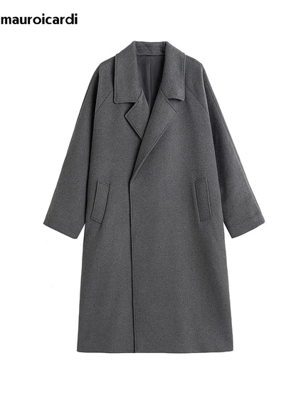 Mauroicardi Autumn Winter Oversized Extra Long Warm Gray Wool Blends Coat Men Sashes Raglan Sleeve Luxury Woolen Overcoat 2024