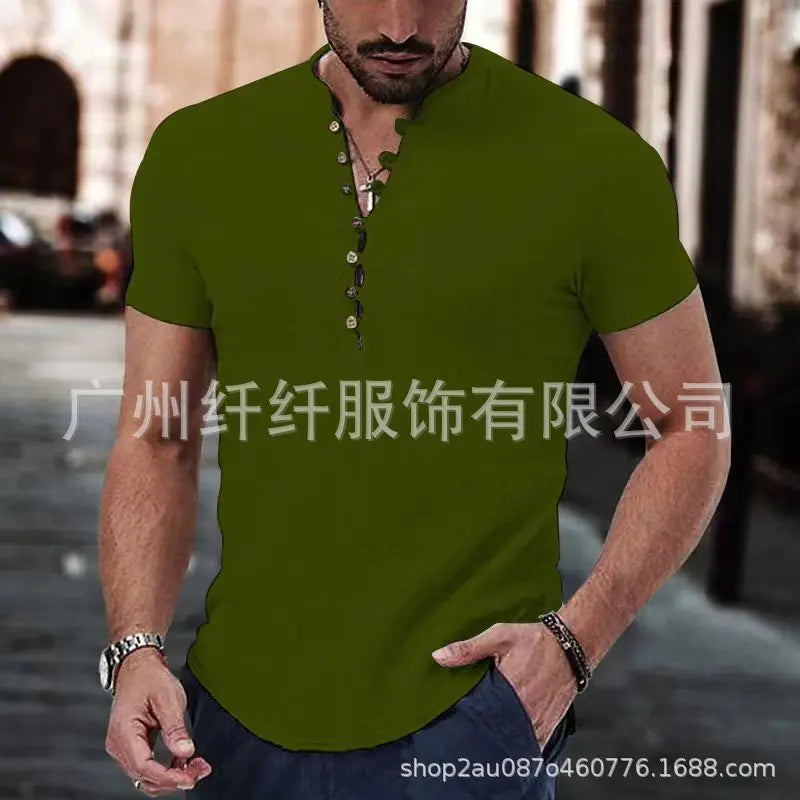 Men's Short Sleeve Linen Shirt Summer Lightweight Casual V-Neck T-Shirt Men Basic Solid Color Loose Fit Top