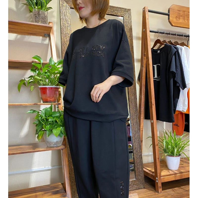 Summer New Casual Sports Set Women's Trendy plus Size Fashion Letter Short Sleeve Long Pants Fat Sister Two-Piece Set Trendy