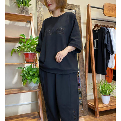 Summer New Casual Sports Set Women's Trendy plus Size Fashion Letter Short Sleeve Long Pants Fat Sister Two-Piece Set Trendy