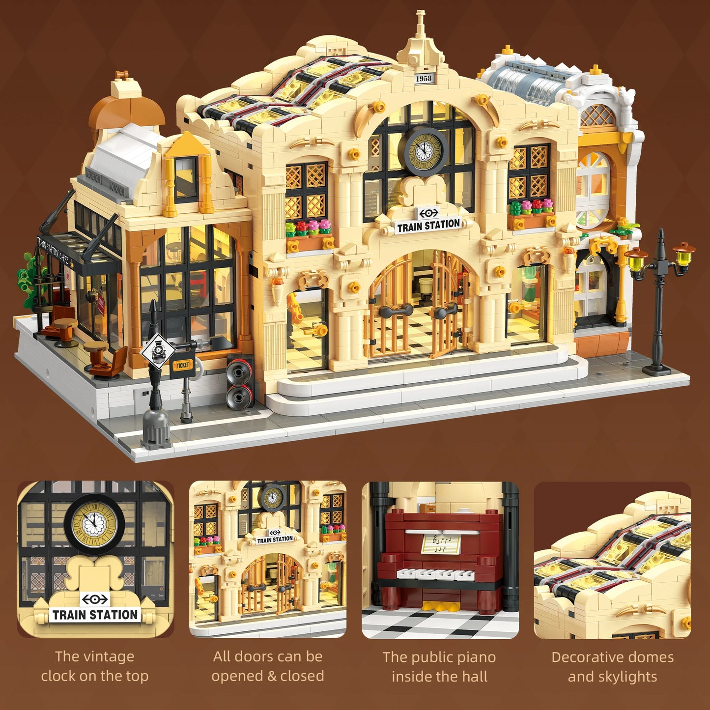 Miniature Train Station Building Blocks MOC DIY LED Light Model Desktop Home Decor Architectural Gift for Adults Kids
