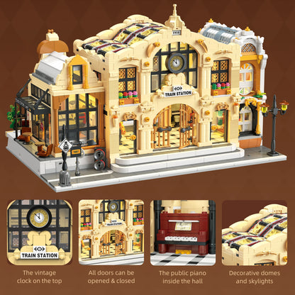 Miniature Train Station Building Blocks MOC DIY LED Light Model Desktop Home Decor Architectural Gift for Adults Kids