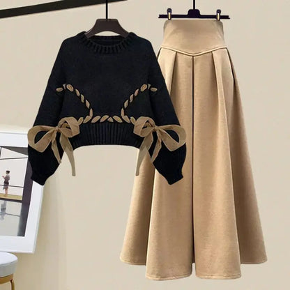 plus Size Winter Outfit 2023 New Style Slimming  Knot Sweater High Waist  Skirt Two Piece Set for plus Size Women