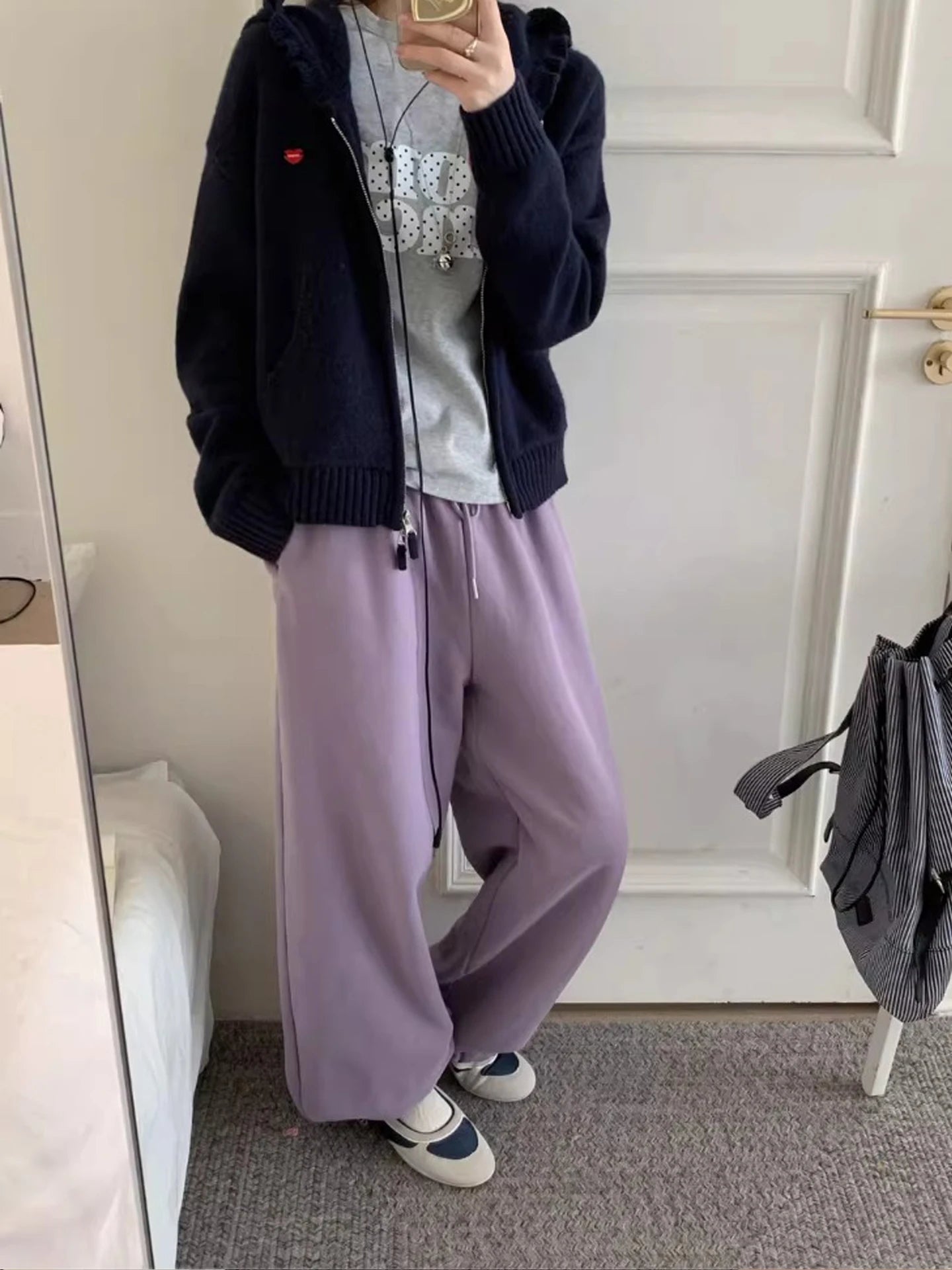 Fleece Lined Wide Leg Pants Korean Style Casual Heart Pocket Sweatpants Loose Thickened Casual Pants for plus Size Women