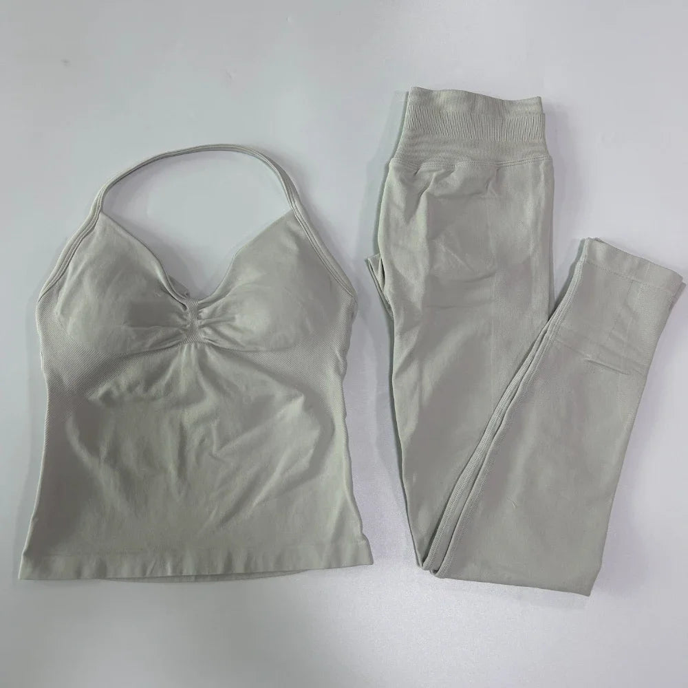 2 Pieces Sports Set Women Backless Tank Yoga Tops High Waist Scrunch Seamless Shorts Sport Gym Set Sportswear Workout Set