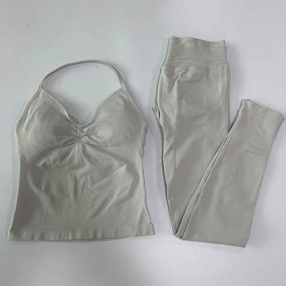 2 Pieces Sports Set Women Backless Tank Yoga Tops High Waist Scrunch Seamless Shorts Sport Gym Set Sportswear Workout Set