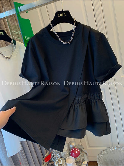 Loose Fit Pure Cotton Short Sleeve T-Shirt Women Summer Fashionable Casual Top Large Size 200 Pounds Asymmetrical Layering