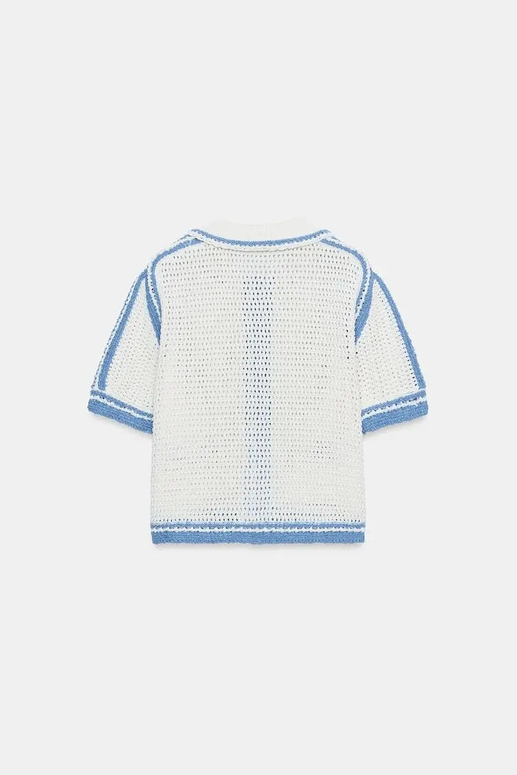 New Summer Women's Loose Fit  Knitwear Short Sleeve High Collar Chest Pocket Design Hollow out Casual Fashion Top