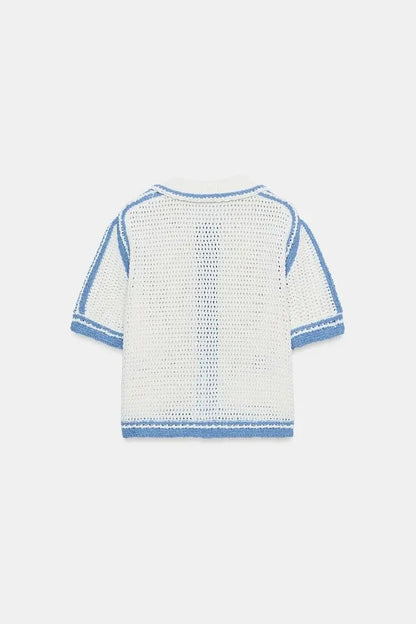 New Summer Women's Loose Fit  Knitwear Short Sleeve High Collar Chest Pocket Design Hollow out Casual Fashion Top