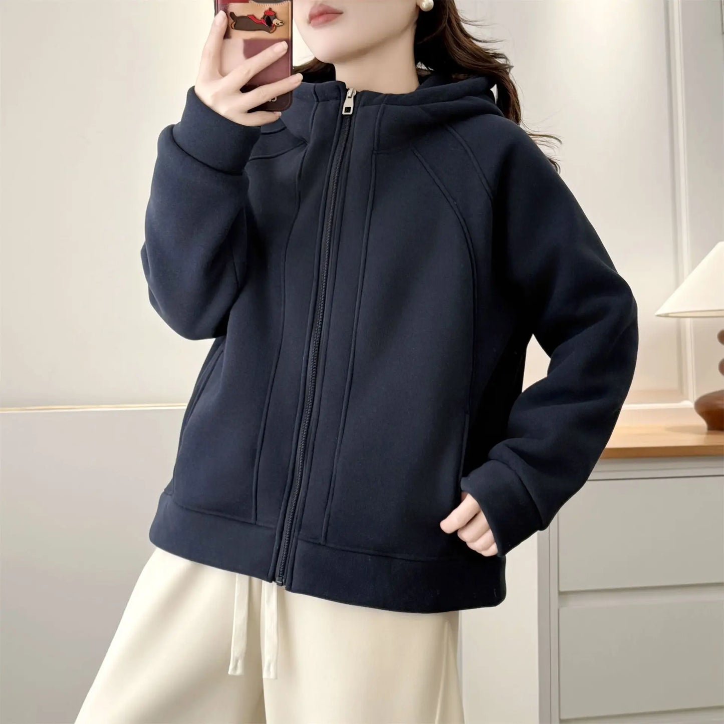 XXXXL Fashion Plus Size Women's Hoodies 2025 Winter New Solid Color Fleece Thickened Graphene Warm Hooded Sweatshirt Jacket 8816