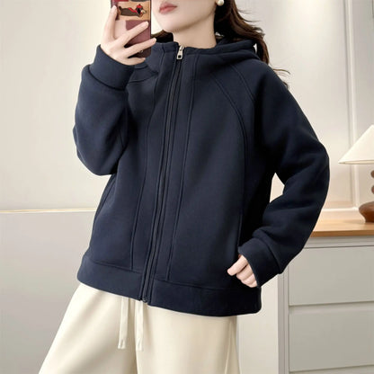 XXXXL Fashion Plus Size Women's Hoodies 2025 Winter New Solid Color Fleece Thickened Graphene Warm Hooded Sweatshirt Jacket 8816