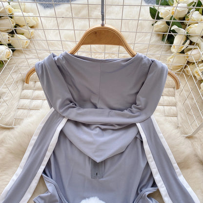 Cute Gray Rabbit Ear Hood Top Sexy Backless Slim Fit Bodysuit Zip Sleeveless Women Sexy Erotic Lingerie Bunny Cosplay Playsuit