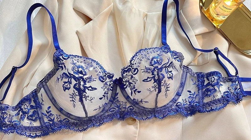 Floral Embroidery Transparent Lingerie Underwire Gather Ultra Thin Cup Sheer Bra Brief Set Pure Desire Women Intimate Nightwear