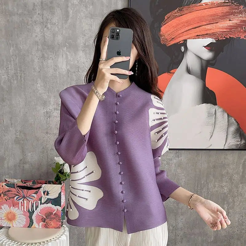 Women's Clothing Miyake Pleats Fashion Cardigan Top Summer Style Loose Fit Batwing Sleeves Printed Shirt Winter Clothes Women